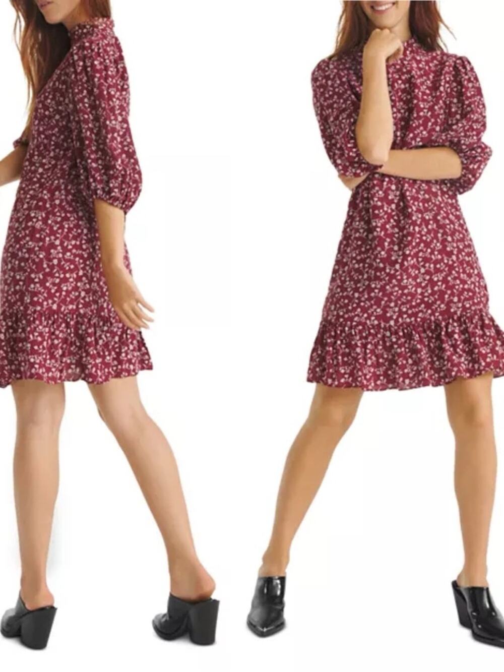 The Kooples Burgundy Floral Mini Dress Silk Blend Puff Sleeve Ruffle Hem